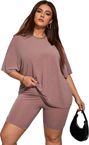 WDIRARA Women's Plus Size 2 Piece Outfits Half Sleeve Oversized Tee with Biker Shorts Set Tracksuit in Kuwait