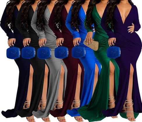 HugeNice Colorful Maxi Dresses for Women Sexy Long Sleeve Deep V Neck Bodycon Floor Length Dress in Kuwait