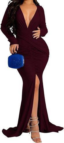 HugeNice Colorful Maxi Dresses for Women Sexy Long Sleeve Deep V Neck Bodycon Floor Length Dress in Kuwait