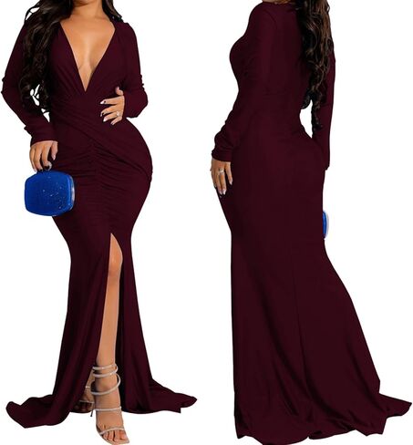 HugeNice Colorful Maxi Dresses for Women Sexy Long Sleeve Deep V Neck Bodycon Floor Length Dress in Kuwait