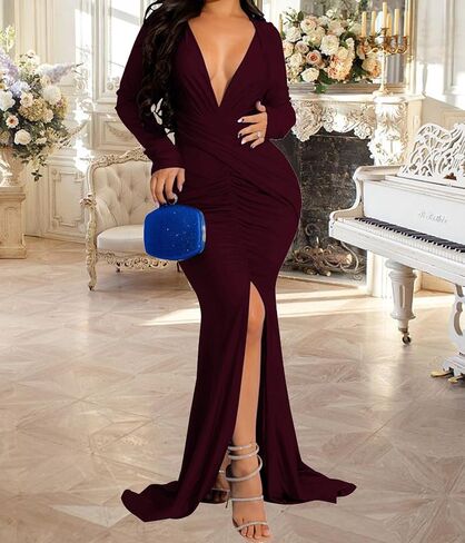 HugeNice Colorful Maxi Dresses for Women Sexy Long Sleeve Deep V Neck Bodycon Floor Length Dress in Kuwait