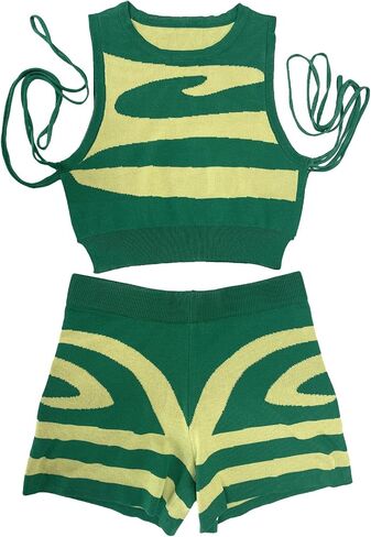 Women's Sexy 2 Piece Outfits Sweater Sets Ribbed Knit Sleeveless Crop Top Shorts Set Party Club Tracksuit in Saudi Arabia