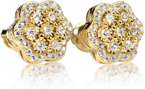Men's Large 14K Yellow Gold 925 Sterling Silver Flower Cluster Hip Hop Stud Earrings in Saudi Arabia