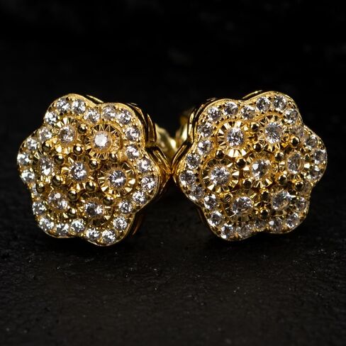 Men's Large 14K Yellow Gold 925 Sterling Silver Flower Cluster Hip Hop Stud Earrings in Saudi Arabia