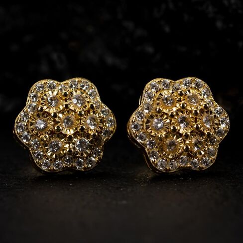Men's Large 14K Yellow Gold 925 Sterling Silver Flower Cluster Hip Hop Stud Earrings in Saudi Arabia