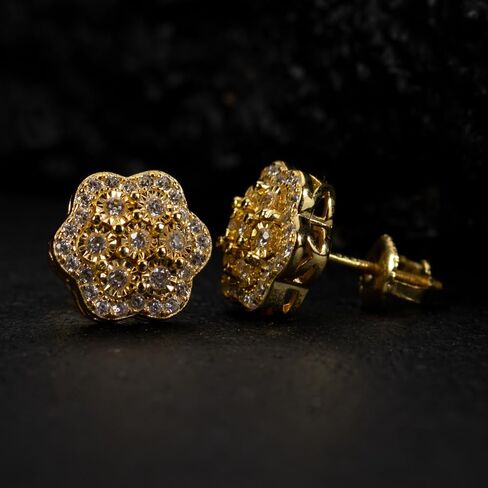 Men's Large 14K Yellow Gold 925 Sterling Silver Flower Cluster Hip Hop Stud Earrings in Saudi Arabia
