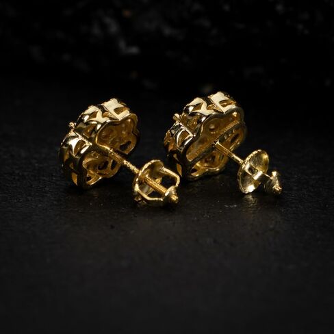Men's Large 14K Yellow Gold 925 Sterling Silver Flower Cluster Hip Hop Stud Earrings in Saudi Arabia