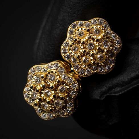Men's Large 14K Yellow Gold 925 Sterling Silver Flower Cluster Hip Hop Stud Earrings in Saudi Arabia