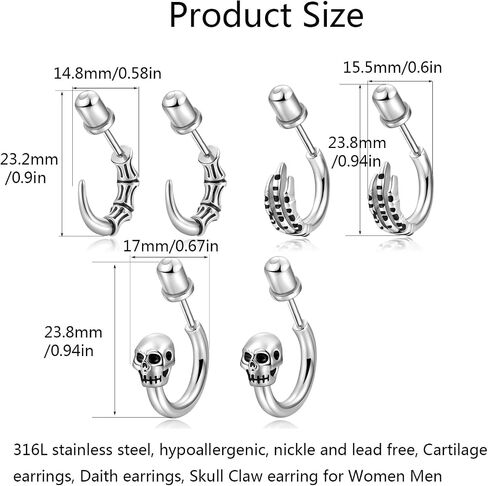 3Pairs Skull Head Earring Studs for Women Men, Stainless Steel Horn Earrings Vintage Gothic Claw Earrings Punk Hip Hop Piercings Skeleton Stud Earrings Biker Party Jewelry Gift in Saudi Arabia