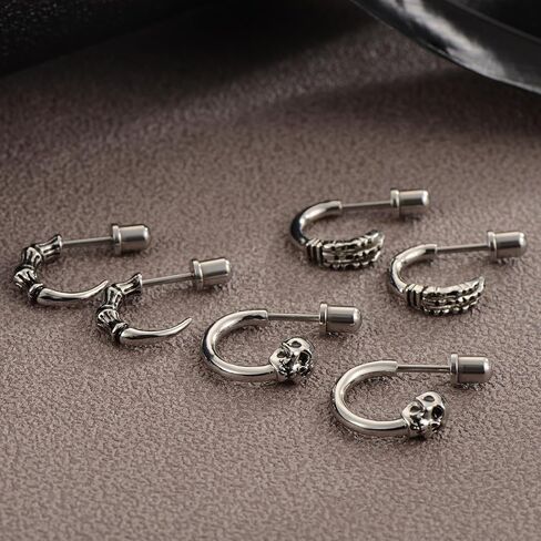 3Pairs Skull Head Earring Studs for Women Men, Stainless Steel Horn Earrings Vintage Gothic Claw Earrings Punk Hip Hop Piercings Skeleton Stud Earrings Biker Party Jewelry Gift in Saudi Arabia