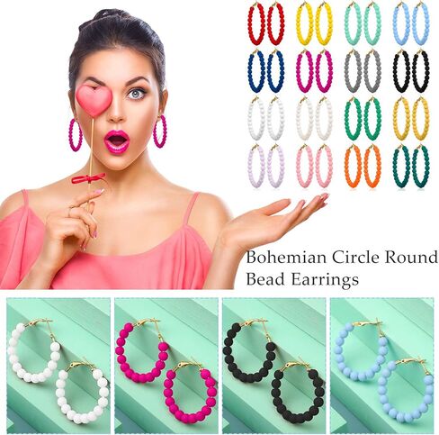 16 Pairs Beaded Hoop Earrings for Women Bohemian Circle Round Bead Earrings Vintage Minimalist Chic Dangle Earrings for Girls (2 Inch) in Saudi Arabia