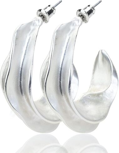 تشارلي بيج اقراط حلقية للنساء | اقراط حلقية فضية كبيرة | اقراط منحوتة | لا تسبب الحساسية، زنك، بدون احجار كريمة in Kuwait