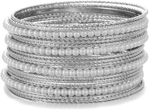 Ensoul Acrylic Pearl-Beads/Glass Seedbeads Mixed Metal Bangles Bracelets for Women Set of 17 in Kuwait