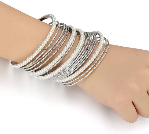 Ensoul Acrylic Pearl-Beads/Glass Seedbeads Mixed Metal Bangles Bracelets for Women Set of 17 in Kuwait