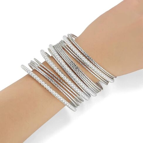Ensoul Acrylic Pearl-Beads/Glass Seedbeads Mixed Metal Bangles Bracelets for Women Set of 17 in Kuwait