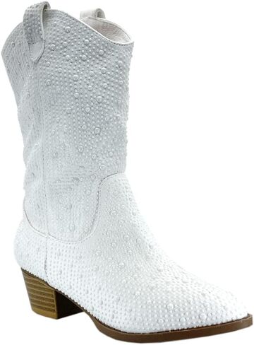 ABSOLEX Girls' Western Cowgirl Cowboy Pointed Toe Rhinestone Low Heel Boots in Kuwait