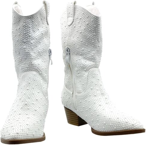 ABSOLEX Girls' Western Cowgirl Cowboy Pointed Toe Rhinestone Low Heel Boots in Kuwait