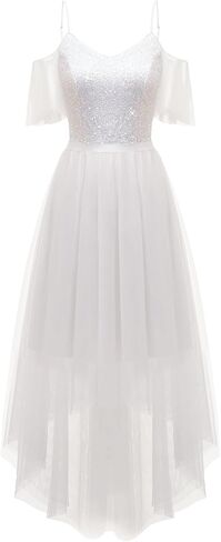 فستان العروسة من التول الترتر لضيوف حفل الزفاف وحزام سباغيتي بدون أكتاف فستان كوكتيل مرتفع ومنخفض فستان حفلة موسيقية أبيض S in Kuwait