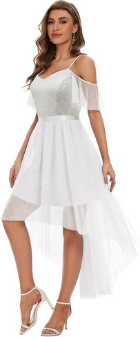 فستان العروسة من التول الترتر لضيوف حفل الزفاف وحزام سباغيتي بدون أكتاف فستان كوكتيل مرتفع ومنخفض فستان حفلة موسيقية أبيض S in Kuwait