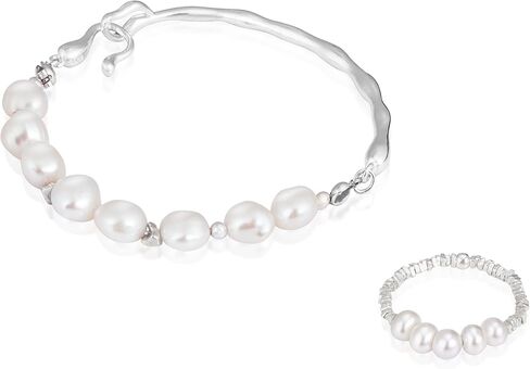 مجموعة أساور وخاتم من اللؤلؤ N9NEMUSES للنساء، سوار من الفضة الباروكية S925 وخاتم مطاطي، مجموعة مجوهرات لؤلؤ المياه العذبة للفتيات in Kuwait