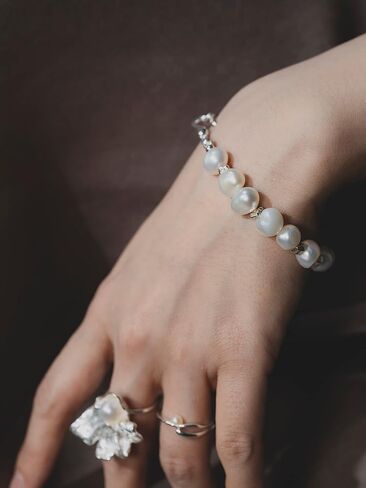 مجموعة أساور وخاتم من اللؤلؤ N9NEMUSES للنساء، سوار من الفضة الباروكية S925 وخاتم مطاطي، مجموعة مجوهرات لؤلؤ المياه العذبة للفتيات in Kuwait