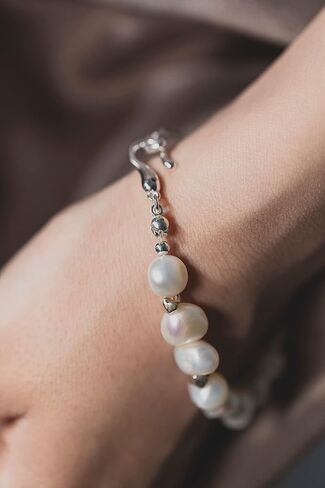 مجموعة أساور وخاتم من اللؤلؤ N9NEMUSES للنساء، سوار من الفضة الباروكية S925 وخاتم مطاطي، مجموعة مجوهرات لؤلؤ المياه العذبة للفتيات in Kuwait