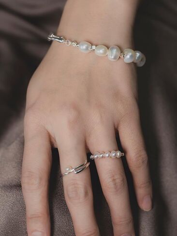 مجموعة أساور وخاتم من اللؤلؤ N9NEMUSES للنساء، سوار من الفضة الباروكية S925 وخاتم مطاطي، مجموعة مجوهرات لؤلؤ المياه العذبة للفتيات in Kuwait