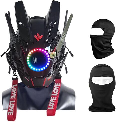 HCYPUNK Punk Mask Helmet Cosplay for Men, Futuristic Punk Techwear, Halloween Cosplay Fit Party Music Festival Accessories with Light, Black in Saudi Arabia
