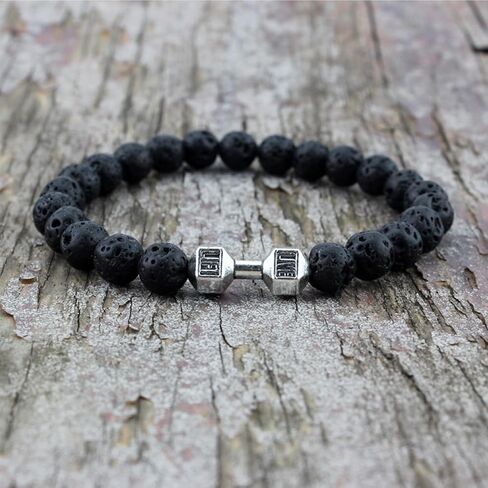 Aktully Black Dumbbell Bracelet for Men Gym Bracelets Volcanic Lava Beads Dumbbell Bracelets Fitness Barbell Bracelet for Men Women Jewelry Gifts in Saudi Arabia