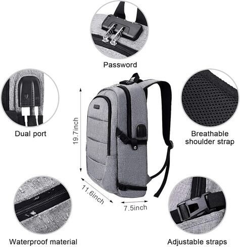 حقيبة ظهر للكمبيوتر المحمول للرجال والنساء، حقيبة ظهر مضادة للسرقة ومقاومة للماء مع منفذ شحن USB، حقيبة ظهر للسفر للأعمال تناسب أجهزة الكمبيوتر المحمول مقاس أقل من 15.6 بوصة، رمادي in Kuwait