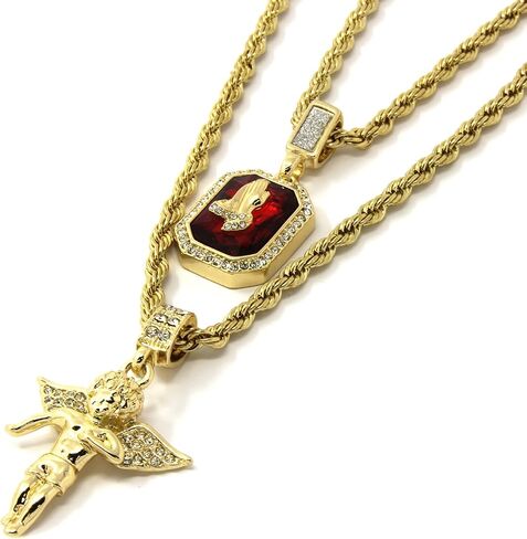 Jewel Town Mens Gold Angel & P Ruby Bundle Set Cz Pendant Hip Hop 24" & 30" Rope Chain D463 in Saudi Arabia