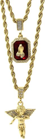 Jewel Town Mens Gold Angel & P Ruby Bundle Set Cz Pendant Hip Hop 24" & 30" Rope Chain D463 in Saudi Arabia