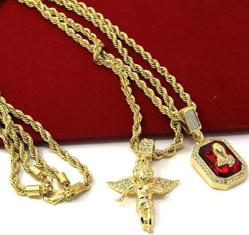 Jewel Town Mens Gold Angel & P Ruby Bundle Set Cz Pendant Hip Hop 24" & 30" Rope Chain D463 in Saudi Arabia