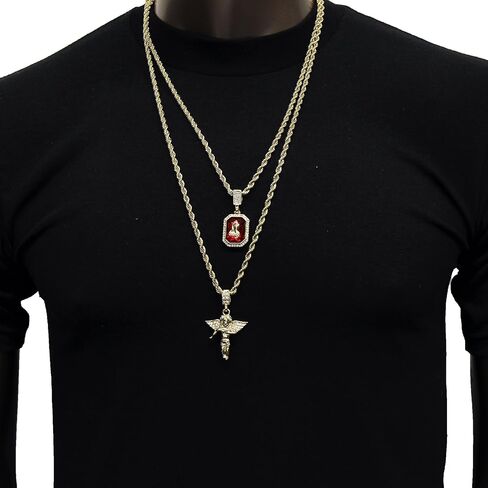 Jewel Town Mens Gold Angel & P Ruby Bundle Set Cz Pendant Hip Hop 24" & 30" Rope Chain D463 in Saudi Arabia