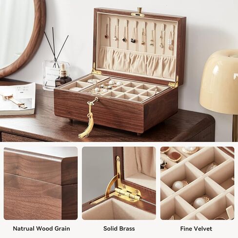 Homruilink Black Walnut Wooden Jewelry Box for Bracelet, Watch, Necklace, Ring, Storage Lockable Gift Case for Girls men, Classical Solid Wooden 2 Layer Jewelry box. in Kuwait