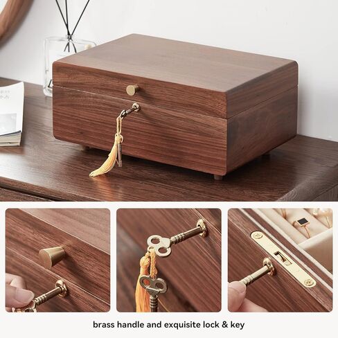 Homruilink Black Walnut Wooden Jewelry Box for Bracelet, Watch, Necklace, Ring, Storage Lockable Gift Case for Girls men, Classical Solid Wooden 2 Layer Jewelry box. in Kuwait