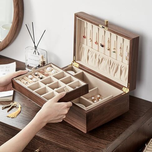 Homruilink Black Walnut Wooden Jewelry Box for Bracelet, Watch, Necklace, Ring, Storage Lockable Gift Case for Girls men, Classical Solid Wooden 2 Layer Jewelry box. in Kuwait