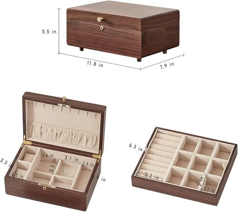Homruilink Black Walnut Wooden Jewelry Box for Bracelet, Watch, Necklace, Ring, Storage Lockable Gift Case for Girls men, Classical Solid Wooden 2 Layer Jewelry box. in Kuwait