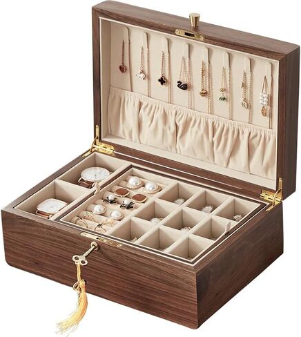 Homruilink Black Walnut Wooden Jewelry Box for Bracelet, Watch, Necklace, Ring, Storage Lockable Gift Case for Girls men, Classical Solid Wooden 2 Layer Jewelry box. in Kuwait