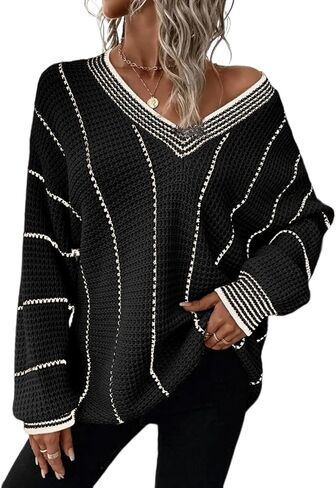 AlvaQ Oversized Sweater for Women Winter Loose Striped Color Block Knit Pullover Jumper Tops Long Sleeve V Neck Sweaters Black 1X in Kuwait