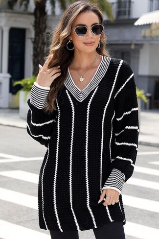 AlvaQ Oversized Sweater for Women Winter Loose Striped Color Block Knit Pullover Jumper Tops Long Sleeve V Neck Sweaters Black 1X in Kuwait