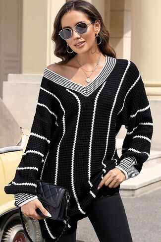 AlvaQ Oversized Sweater for Women Winter Loose Striped Color Block Knit Pullover Jumper Tops Long Sleeve V Neck Sweaters Black 1X in Kuwait
