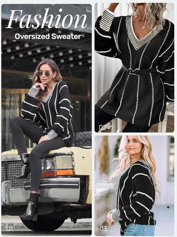 AlvaQ Oversized Sweater for Women Winter Loose Striped Color Block Knit Pullover Jumper Tops Long Sleeve V Neck Sweaters Black 1X in Kuwait
