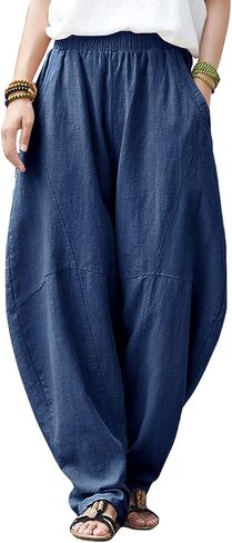 IXIMO Women's Cotton Linen Pants Casual Elastic Waist Lantern Slacks Loose Fit Baggy Patchwork Trousers in Saudi Arabia