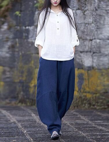 IXIMO Women's Cotton Linen Pants Casual Elastic Waist Lantern Slacks Loose Fit Baggy Patchwork Trousers in Saudi Arabia