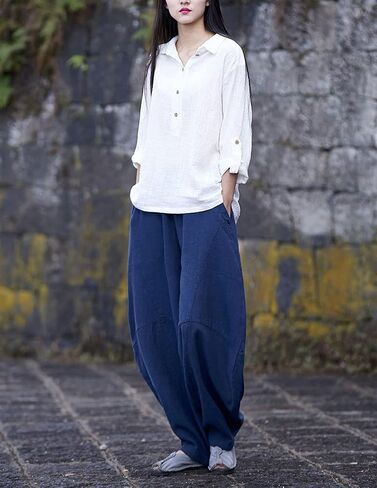 IXIMO Women's Cotton Linen Pants Casual Elastic Waist Lantern Slacks Loose Fit Baggy Patchwork Trousers in Saudi Arabia