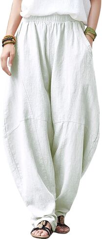 IXIMO Women's Cotton Linen Pants Casual Elastic Waist Lantern Slacks Loose Fit Baggy Patchwork Trousers in Kuwait