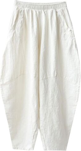 IXIMO Women's Cotton Linen Pants Casual Elastic Waist Lantern Slacks Loose Fit Baggy Patchwork Trousers in Kuwait