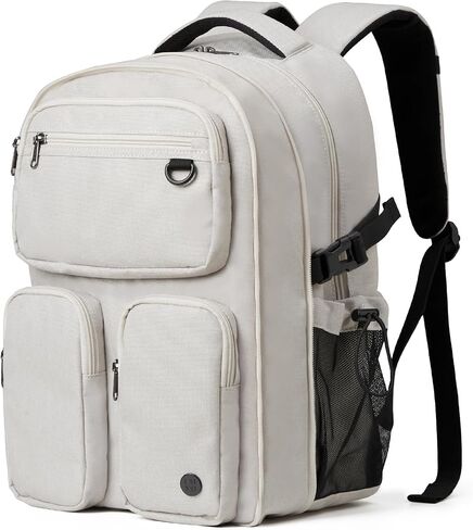 Mixi Travel Laptop Backpack, Lightweight Durable School Bookbag Men Woman 15.6" Computer Bag, Water Resistant Outdoor Hiking Backpacks With Multifunction Pockets, 17 Inch, Beige in Kuwait