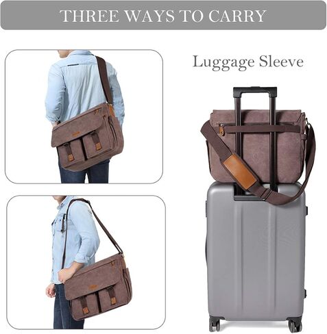 Messenger Bag for Men,VASCHY Vintage Water Resistant Canvas Satchel 14 15.6 17inch Laptop Briefcase in Kuwait